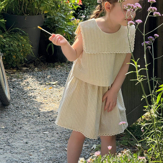 ノースリーブセットアップ ストライプショールカラーノースリーブブラウス+レースウエストスカートセットアップ 2点セット【mh0009885】