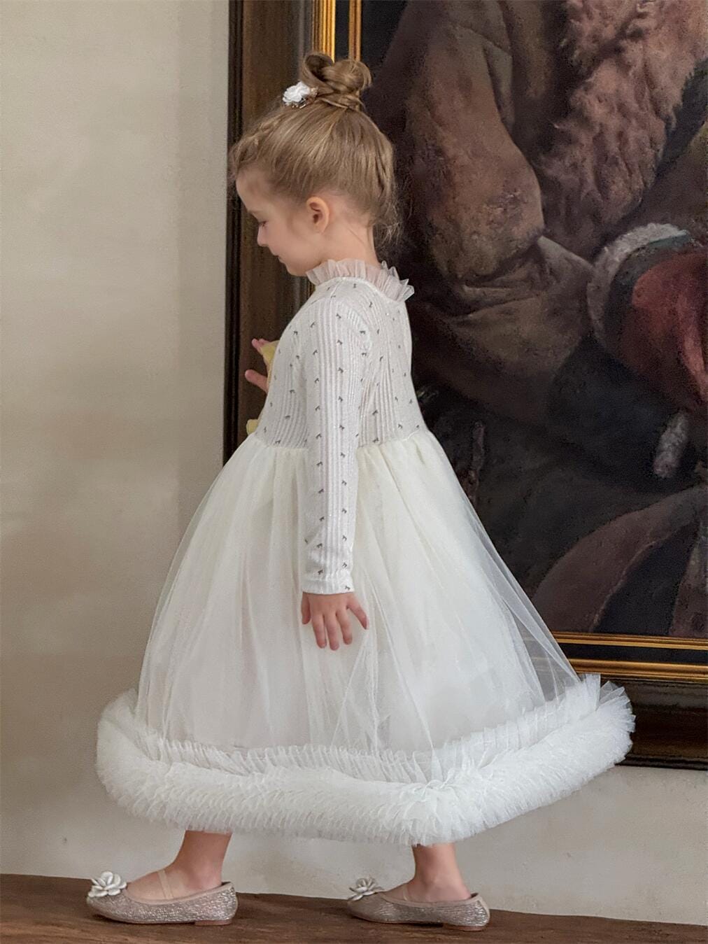長袖ワンピース Beige / 90cm キッズワンピース ボリュームチュールスカート長袖ドレスワンピース【mh0009150】