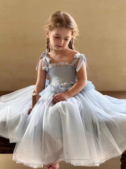 ノースリーブワンピース Blue / 90cm キッズワンピース シャーリングリボンキャミソールシフォンスカートドレスワンピース【mh0009148】