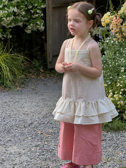 タンクトップ・キャミソール・ノースリーブトップス Creamy White / 90cm チェック/無地裾ダブルフリルレースキャミソールチュニックブラウス【mh0009867】