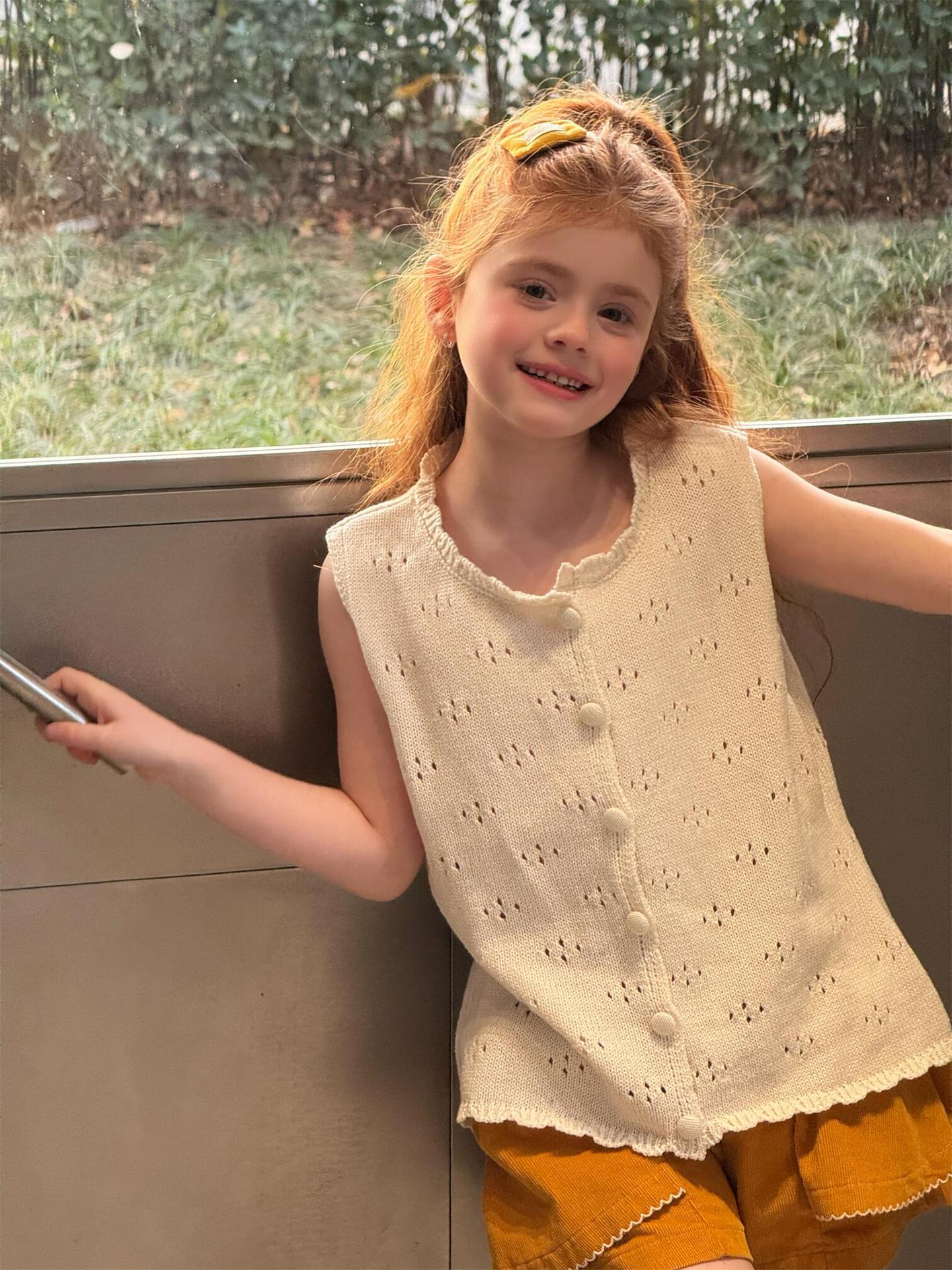 タンクトップ・キャミソール・ノースリーブトップス Creamy White / 90cm Solid Color Hollow Knit Vest 透かし編み ニットベスト【mh0012214】