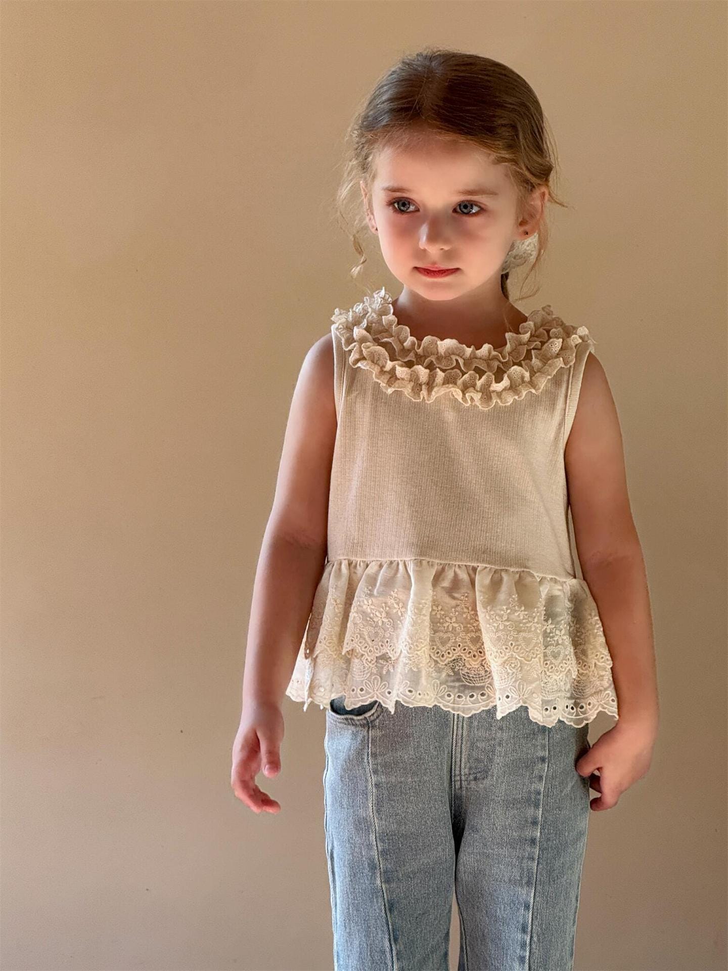 タンクトップ・キャミソール・ノースリーブトップス Creamy White / 90cm 裾チュールレースノースリーブTシャツ【mh0010255】