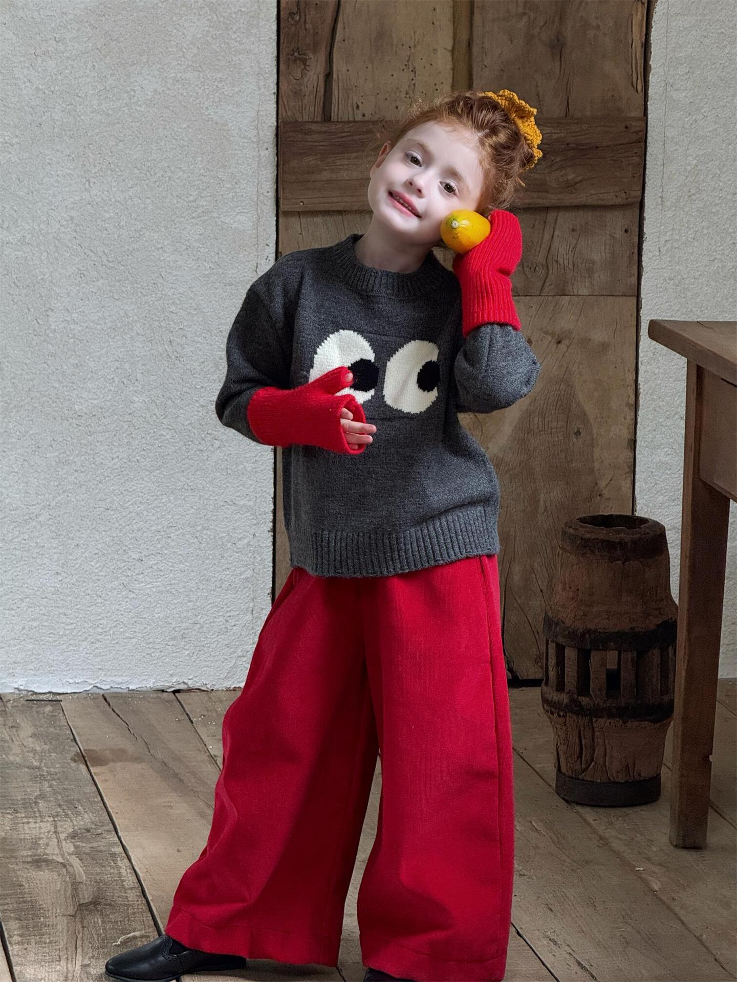 ニット・セーター Dark Gray / 90cm 長袖ニットセーター ビッグアイ もこもこ目玉 プルオーバー 丸首 ゆる可愛【mh0011740】