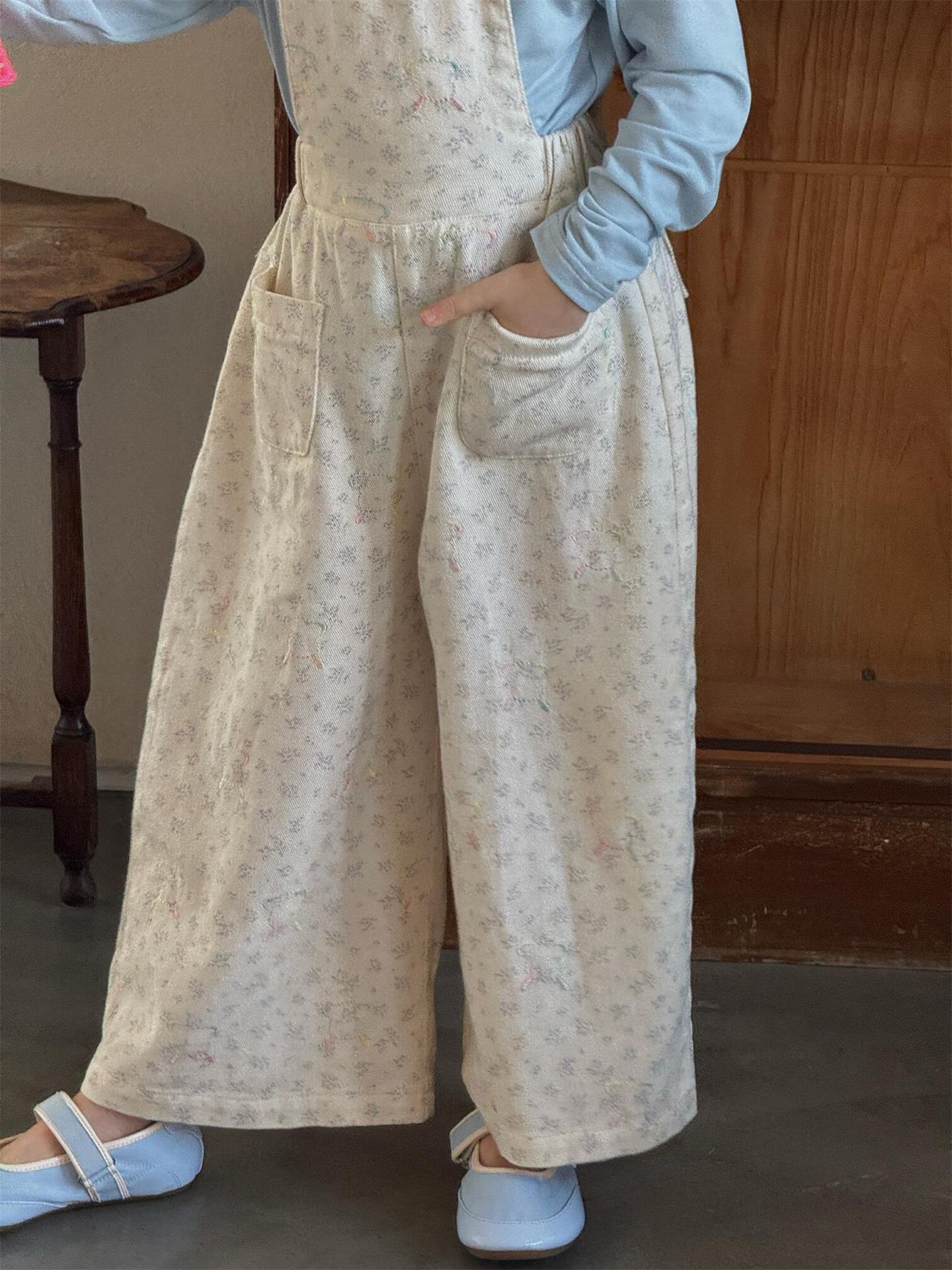サロペットパンツ・サスペンダーパンツ Floral Embroidery Fresh Bib Pants 刺繍 サロペットパンツ【mh0012218】