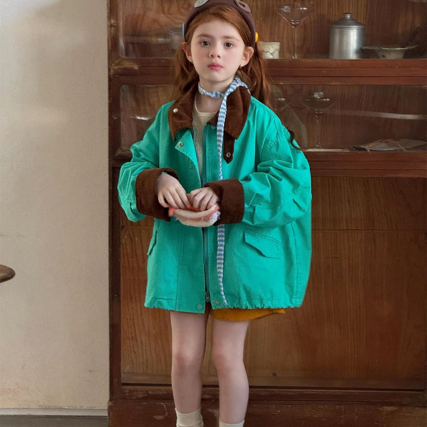 ショートコート・ジャケット・ジャンパー Green / 90cm Contrast Color Lapel Casual Jacket バイカラー ラペル カジュアルジャケット【mh0012211】