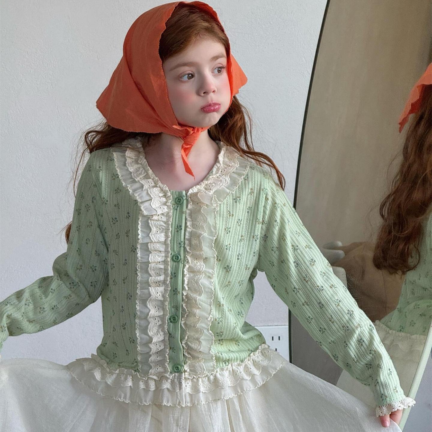 カーディガン・パーカー Green / 90cm Floral Lace Crew Neck Cardigan 花柄レース クルーネック カーディガン【mh0012210】