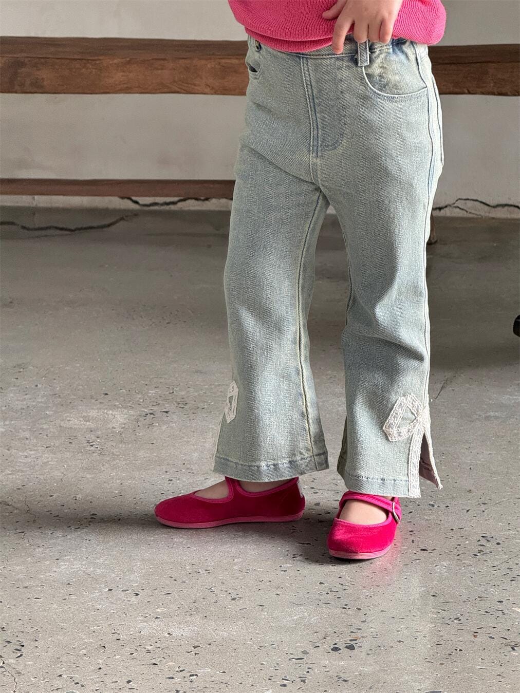 デニムパンツ Light Blue / 90cm キッズパンツ レースリボンパッチワークサイドオープンデニムパンツジーンズ【mh0009146】