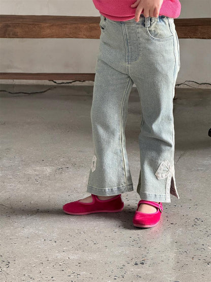 デニムパンツ Light Blue / 90cm キッズパンツ レースリボンパッチワークサイドオープンデニムパンツジーンズ【mh0009146】