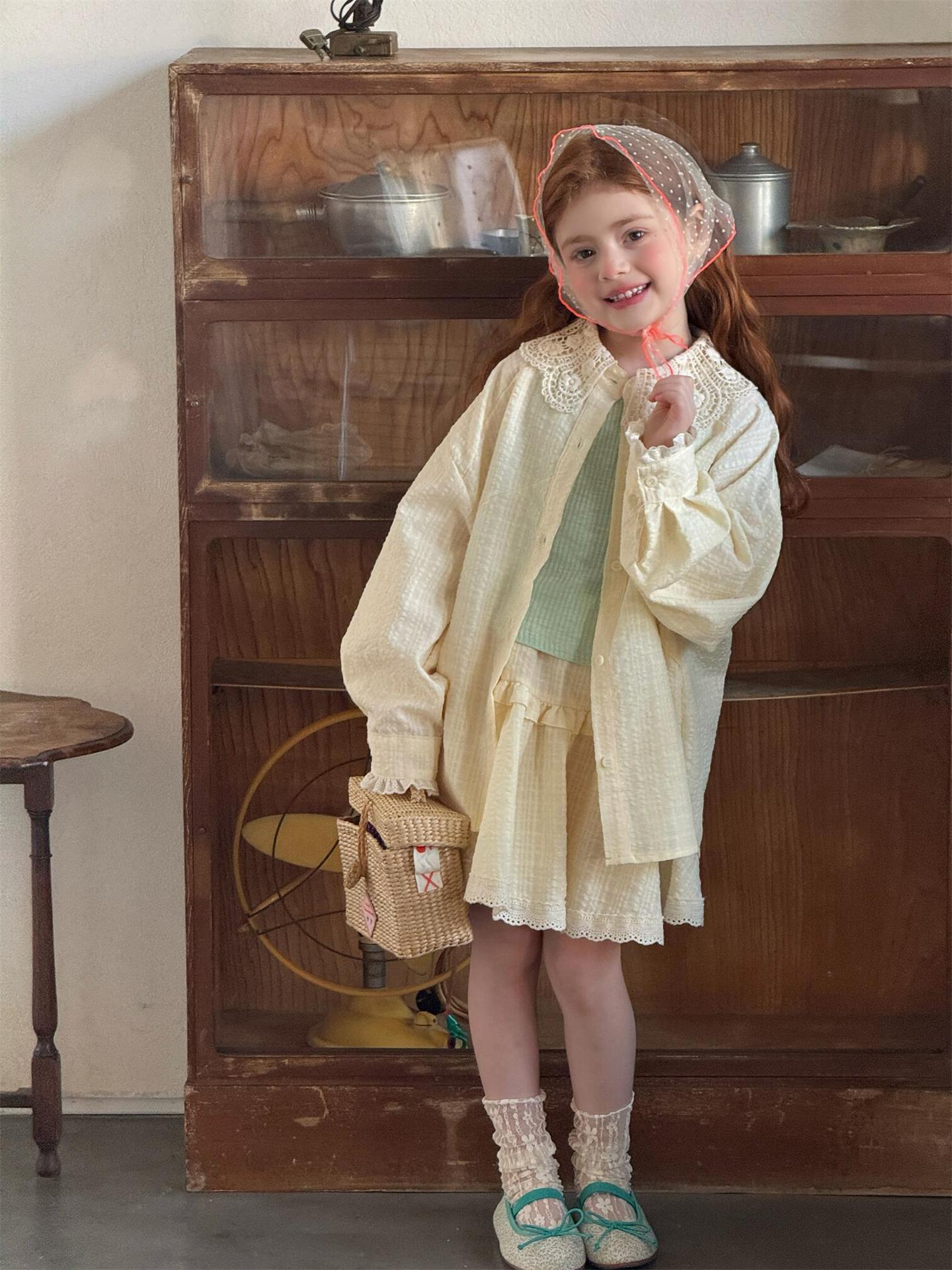 長袖セットアップ Light Yellow / 90cm Lace Sweet Shirt Skirt Set レースブラウス スカート セットアップ【mh0012212】