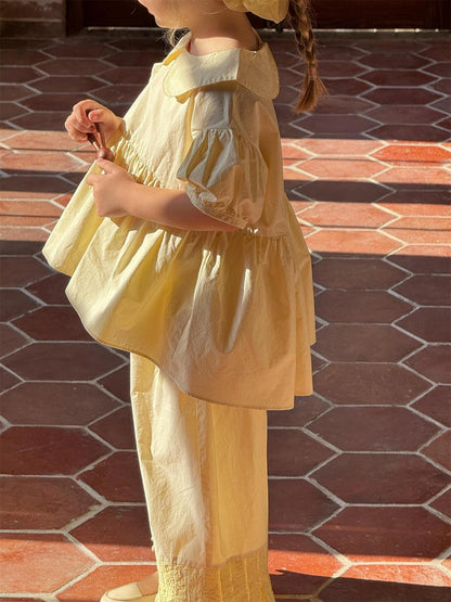 半袖セットアップ Light Yellow / 90cm 丸襟半袖チュニックブラウス+裾プリーツクロップドパンツ【mh0010246】