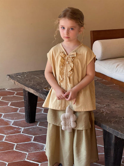 タンクトップ・キャミソール・ノースリーブトップス Light Yellow / 90cm フロントフリルノースリーブブラウス【mh0010254】