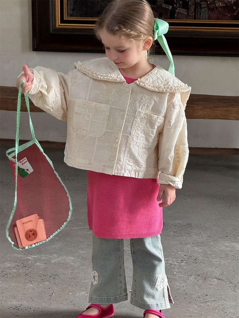 デニムパンツ キッズパンツ レースリボンパッチワークサイドオープンデニムパンツジーンズ【mh0009146】