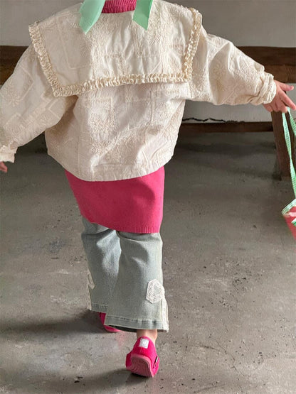 デニムパンツ キッズパンツ レースリボンパッチワークサイドオープンデニムパンツジーンズ【mh0009146】