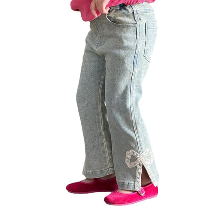 デニムパンツ キッズパンツ レースリボンパッチワークサイドオープンデニムパンツジーンズ【mh0009146】