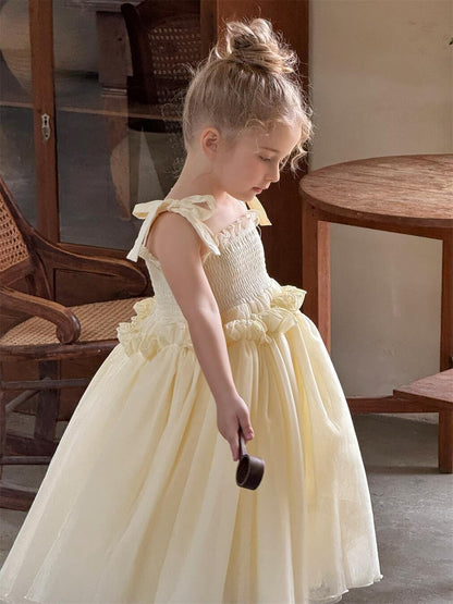 ノースリーブワンピース キッズワンピース シャーリングリボンキャミソールシフォンスカートドレスワンピース【mh0009148】