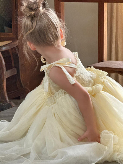 ノースリーブワンピース キッズワンピース シャーリングリボンキャミソールシフォンスカートドレスワンピース【mh0009148】