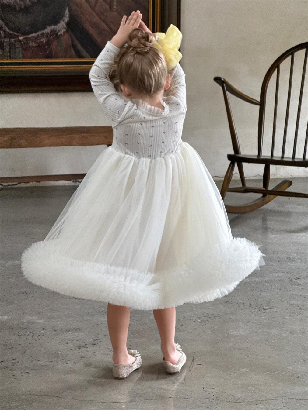 長袖ワンピース キッズワンピース ボリュームチュールスカート長袖ドレスワンピース【mh0009150】