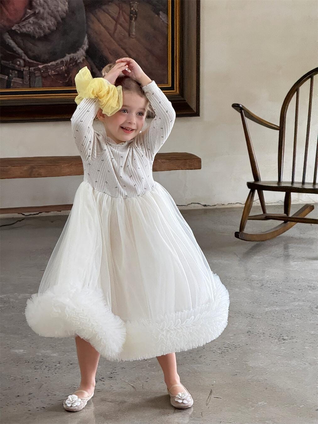 長袖ワンピース キッズワンピース ボリュームチュールスカート長袖ドレスワンピース【mh0009150】