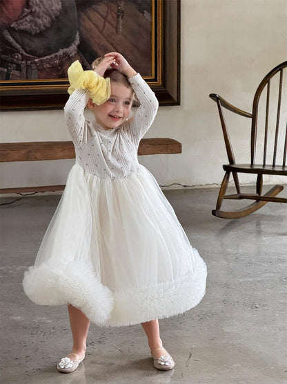 長袖ワンピース キッズワンピース ボリュームチュールスカート長袖ドレスワンピース【mh0009150】