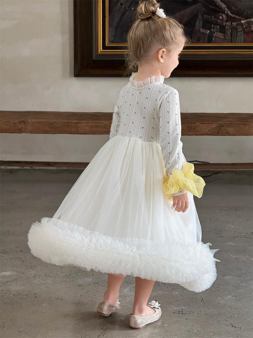 長袖ワンピース キッズワンピース ボリュームチュールスカート長袖ドレスワンピース【mh0009150】