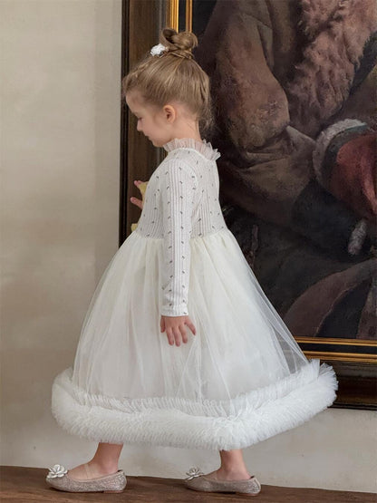 長袖ワンピース キッズワンピース ボリュームチュールスカート長袖ドレスワンピース【mh0009150】