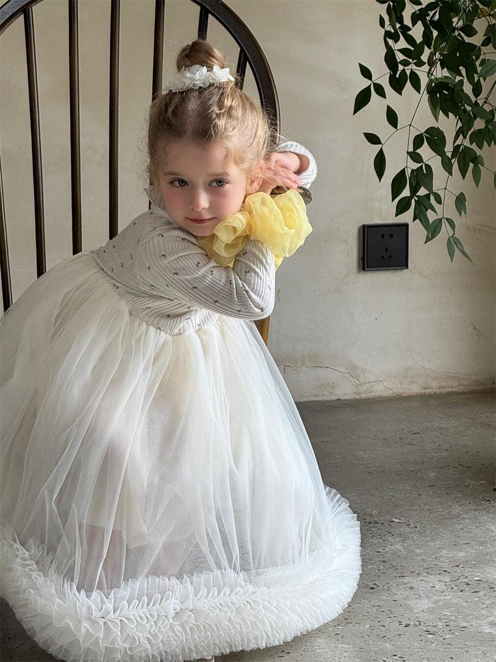 長袖ワンピース キッズワンピース ボリュームチュールスカート長袖ドレスワンピース【mh0009150】