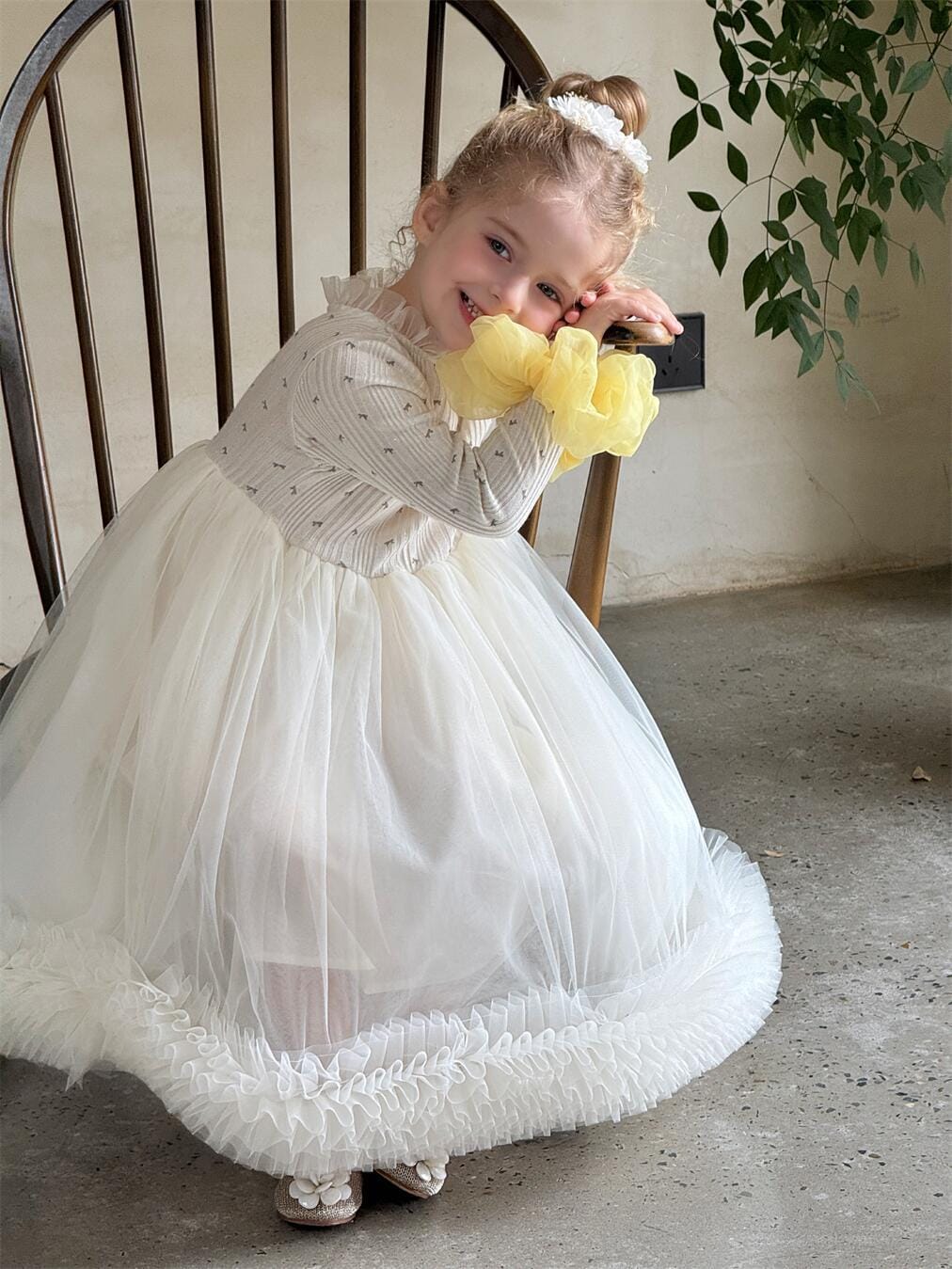 長袖ワンピース キッズワンピース ボリュームチュールスカート長袖ドレスワンピース【mh0009150】