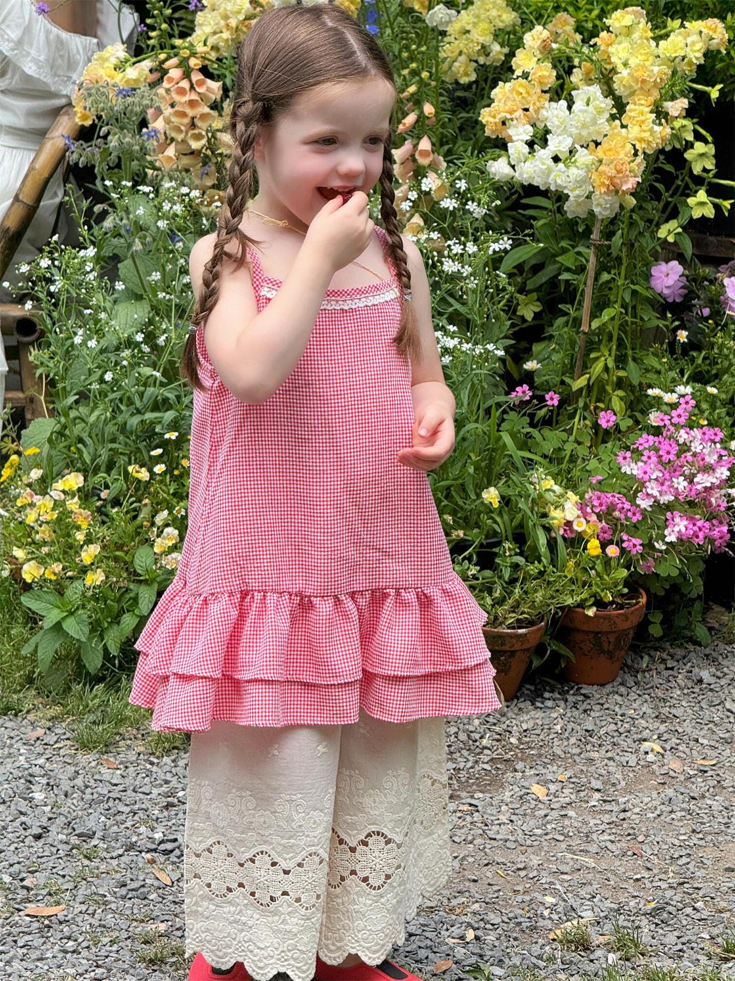 タンクトップ・キャミソール・ノースリーブトップス チェック/無地裾ダブルフリルレースキャミソールチュニックブラウス【mh0009867】