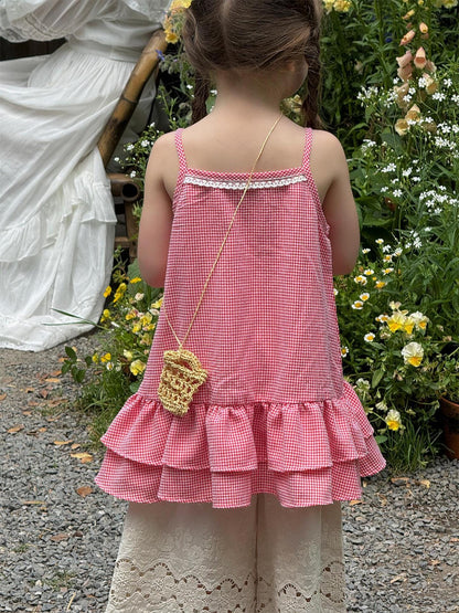 タンクトップ・キャミソール・ノースリーブトップス チェック/無地裾ダブルフリルレースキャミソールチュニックブラウス【mh0009867】