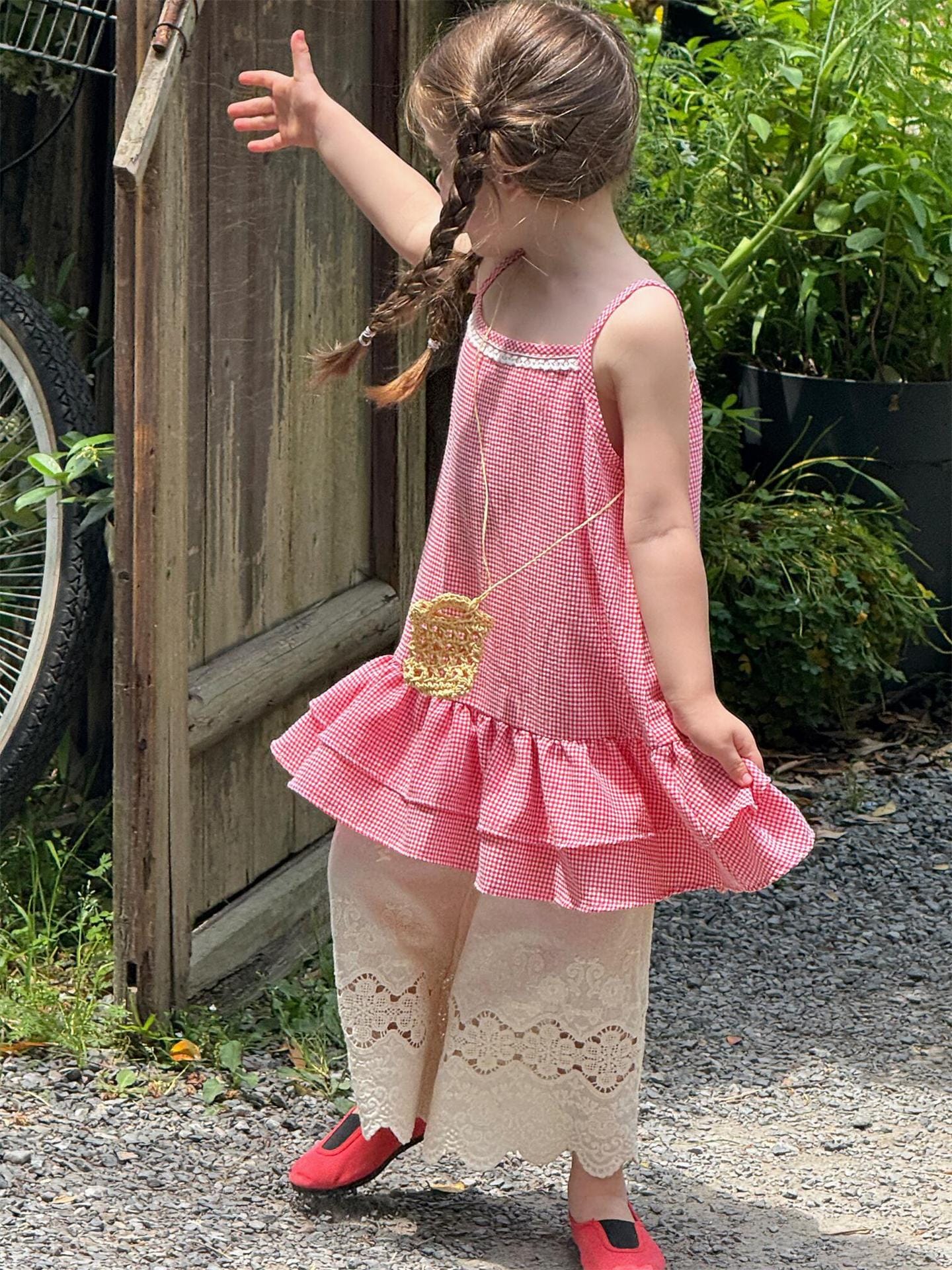 タンクトップ・キャミソール・ノースリーブトップス チェック/無地裾ダブルフリルレースキャミソールチュニックブラウス【mh0009867】