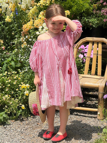 半袖ワンピース チェックストライプオフショルダー半袖ワンピース【mh0009878】