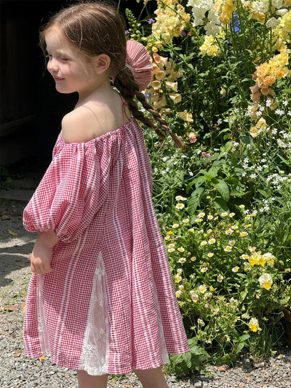 半袖ワンピース チェックストライプオフショルダー半袖ワンピース【mh0009878】