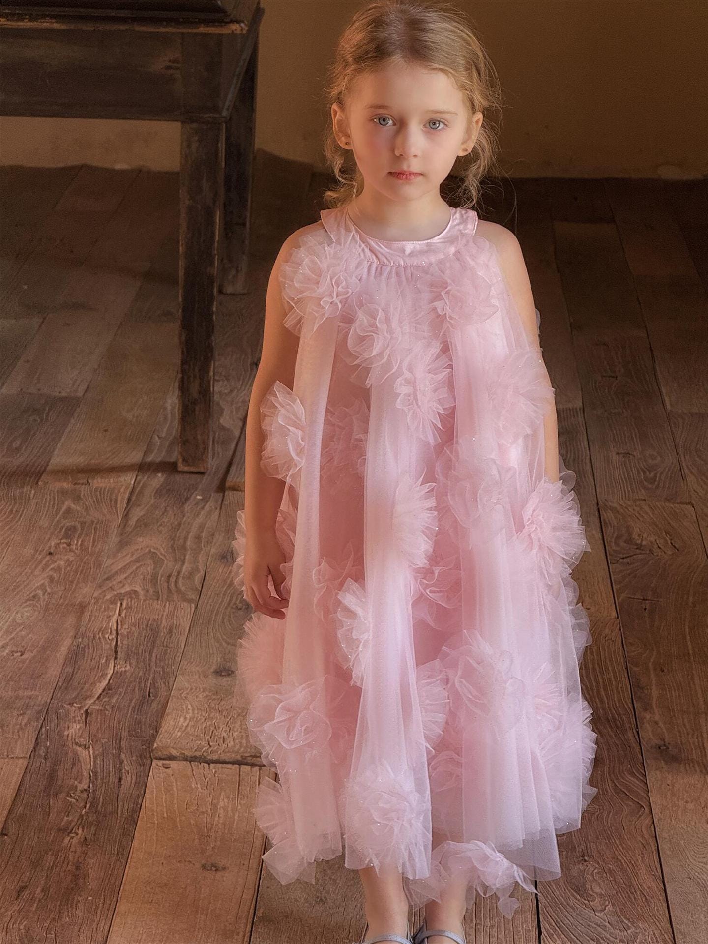 ノースリーブワンピース チュールフラワーノースリーブドレスワンピース【mh0010231】