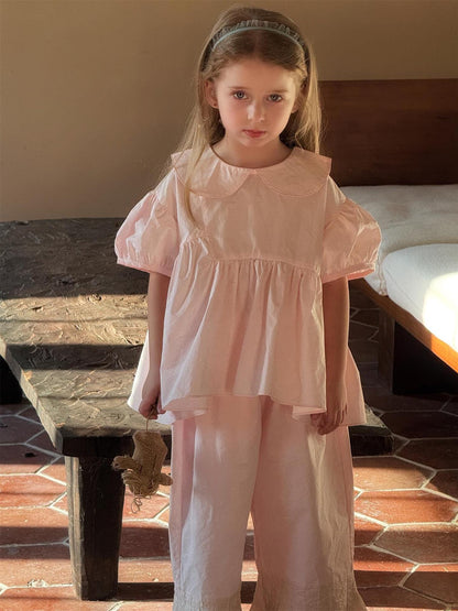 半袖セットアップ 丸襟半袖チュニックブラウス+裾プリーツクロップドパンツ【mh0010246】