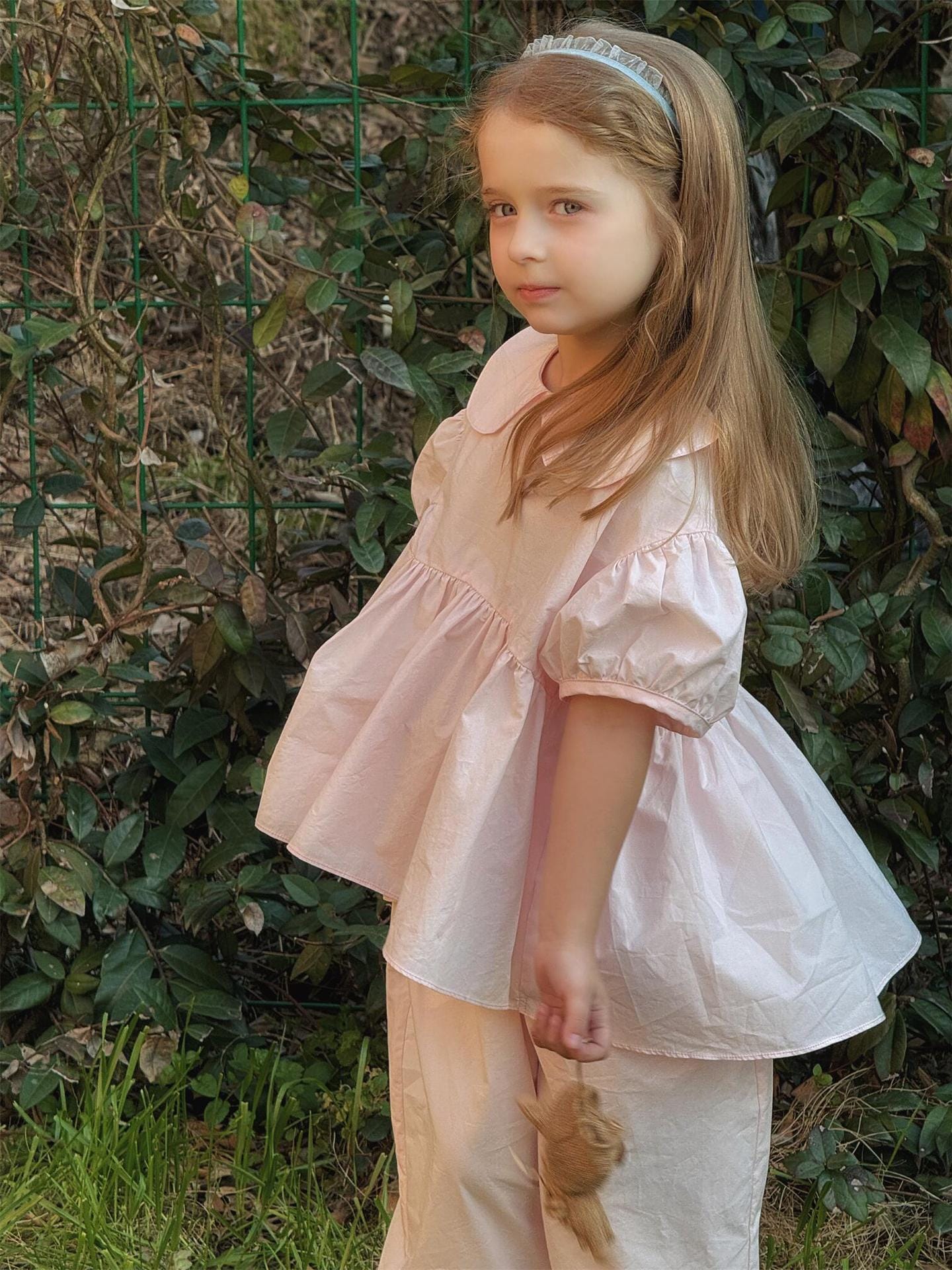 半袖セットアップ 丸襟半袖チュニックブラウス+裾プリーツクロップドパンツ【mh0010246】