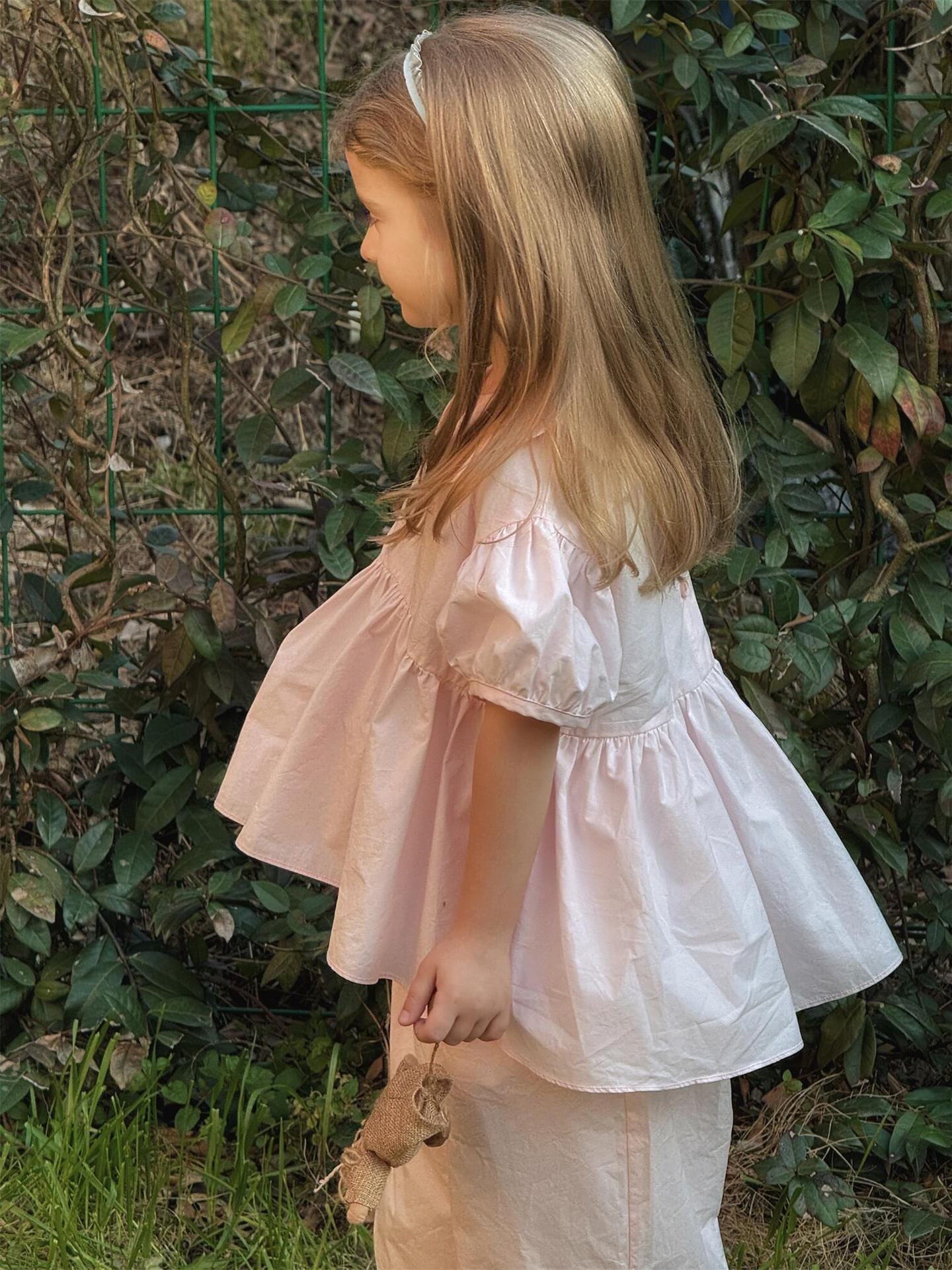 半袖セットアップ 丸襟半袖チュニックブラウス+裾プリーツクロップドパンツ【mh0010246】