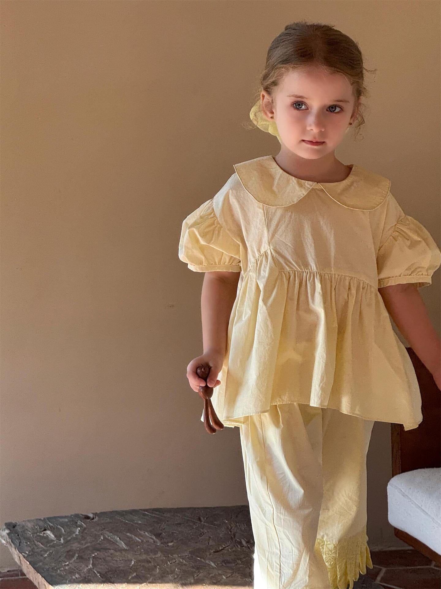 半袖セットアップ 丸襟半袖チュニックブラウス+裾プリーツクロップドパンツ【mh0010246】