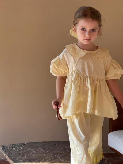 半袖セットアップ 丸襟半袖チュニックブラウス+裾プリーツクロップドパンツ【mh0010246】