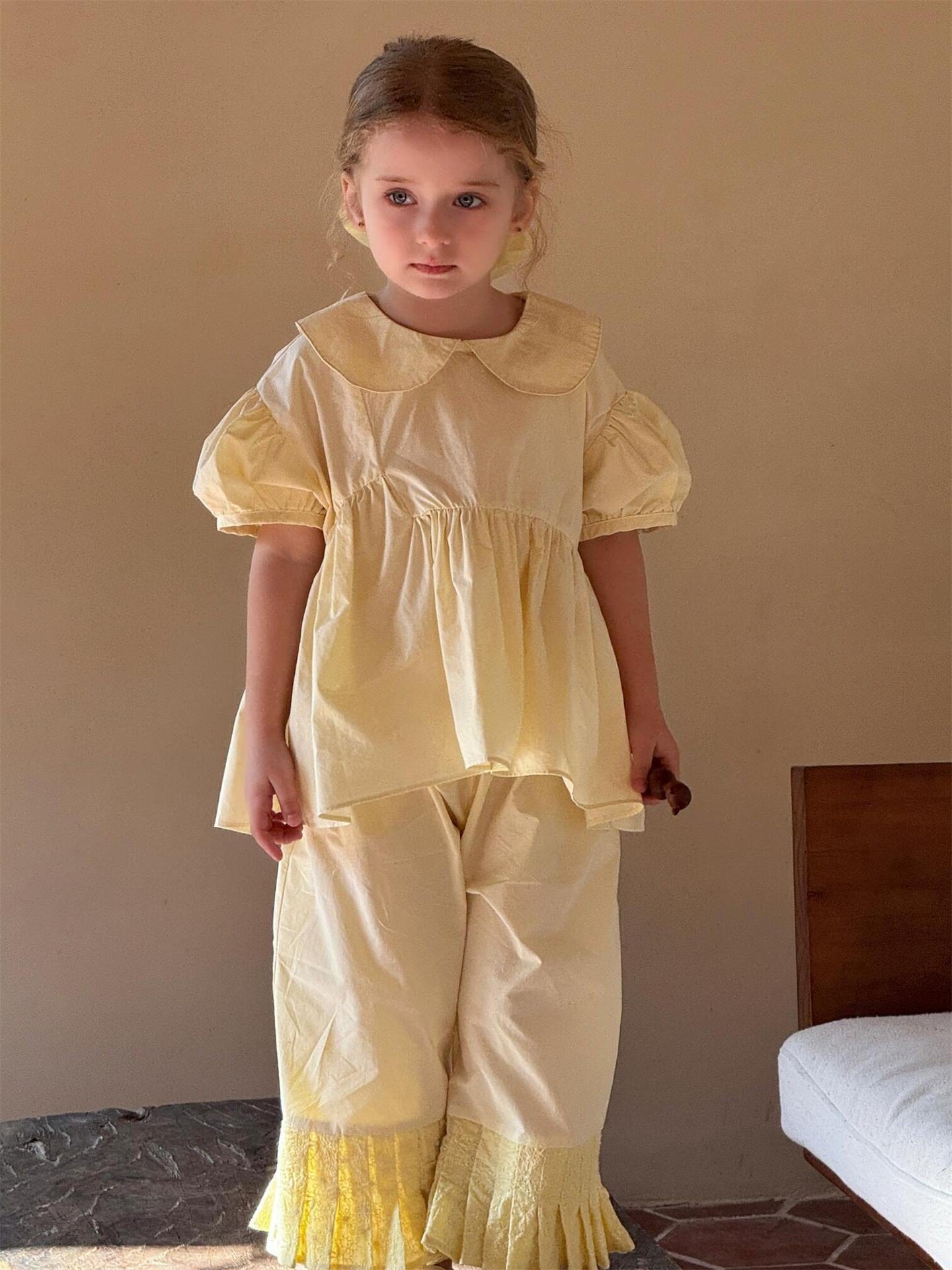 半袖セットアップ 丸襟半袖チュニックブラウス+裾プリーツクロップドパンツ【mh0010246】