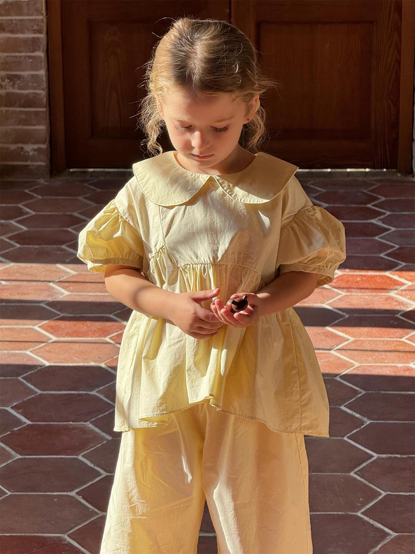 半袖セットアップ 丸襟半袖チュニックブラウス+裾プリーツクロップドパンツ【mh0010246】