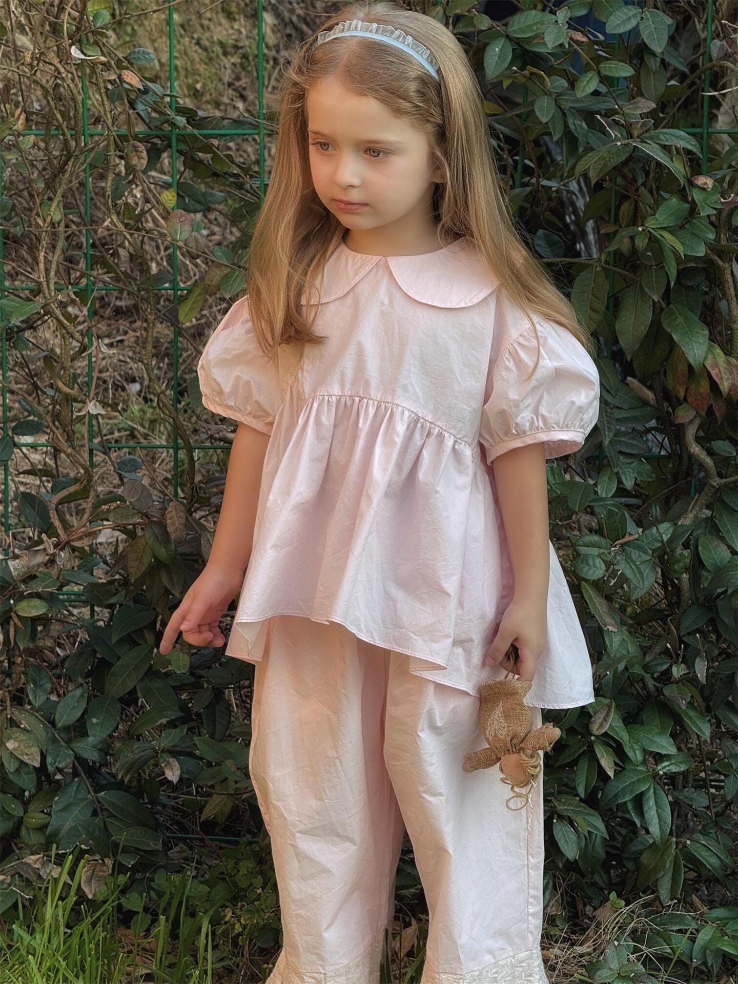 半袖セットアップ 丸襟半袖チュニックブラウス+裾プリーツクロップドパンツ【mh0010246】