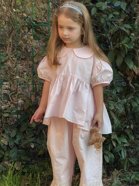 半袖セットアップ 丸襟半袖チュニックブラウス+裾プリーツクロップドパンツ【mh0010246】