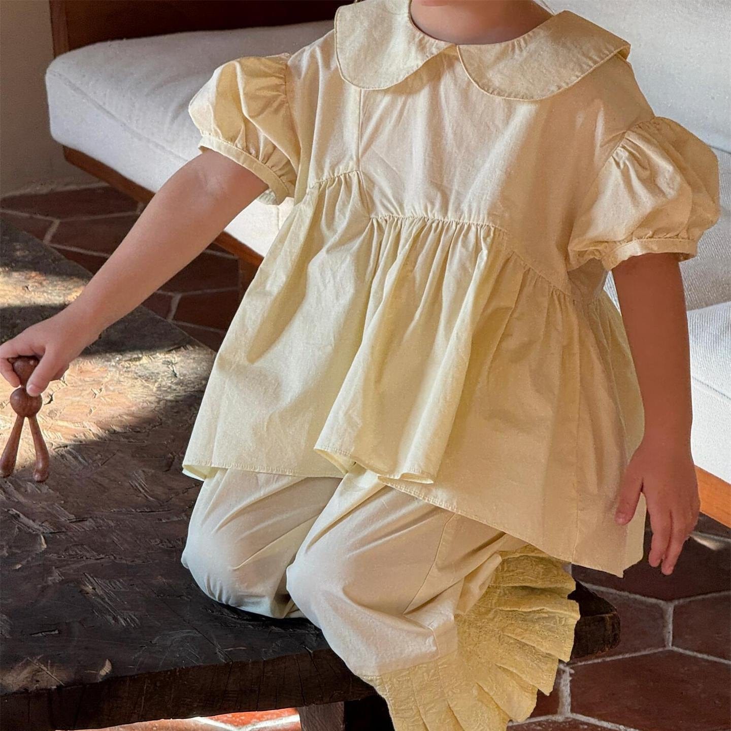 半袖セットアップ 丸襟半袖チュニックブラウス+裾プリーツクロップドパンツ【mh0010246】