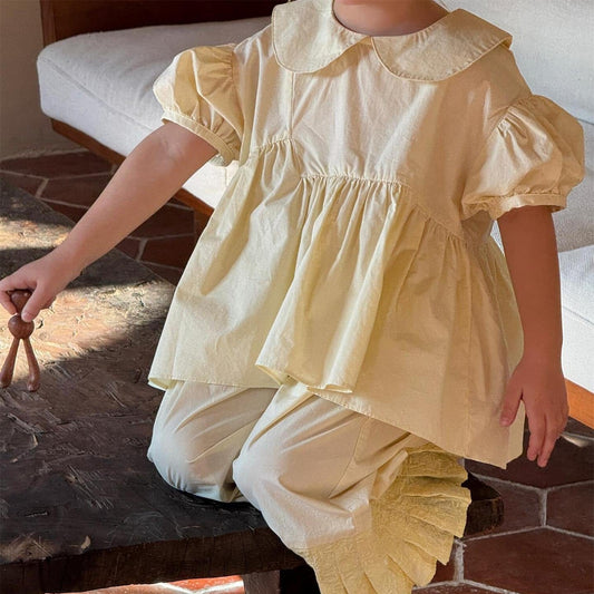 半袖セットアップ 丸襟半袖チュニックブラウス+裾プリーツクロップドパンツ【mh0010246】