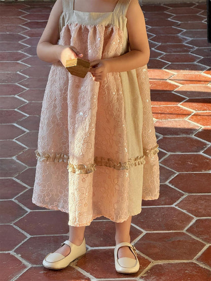 ノースリーブワンピース 刺繍レーススパンコールスクエアネックノースリーブワンピース【mh0010247】