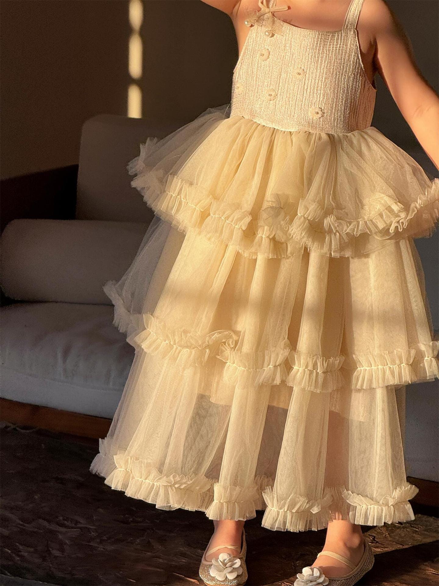 ノースリーブワンピース チュールティアードスカートキャミソールドレスワンピース【mh0010263】