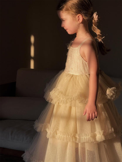 ノースリーブワンピース チュールティアードスカートキャミソールドレスワンピース【mh0010263】