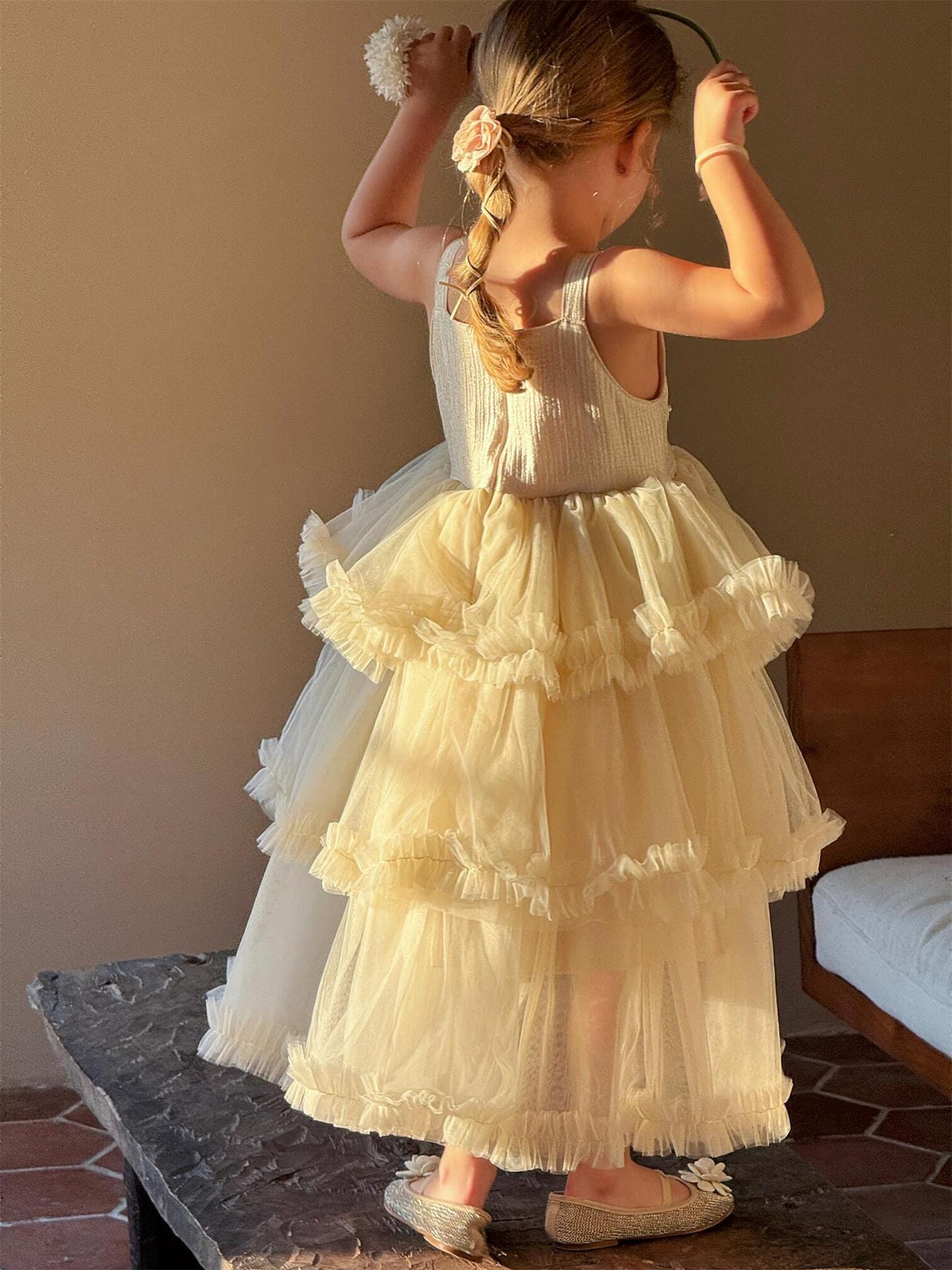 ノースリーブワンピース チュールティアードスカートキャミソールドレスワンピース【mh0010263】