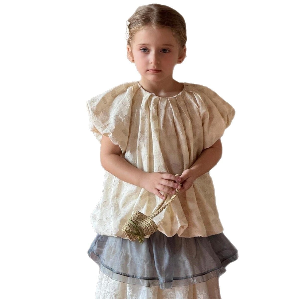 半袖シャツ・ブラウス オーバルエンボス半袖パフスリーブバルーンスモックブラウス【mh0010270】