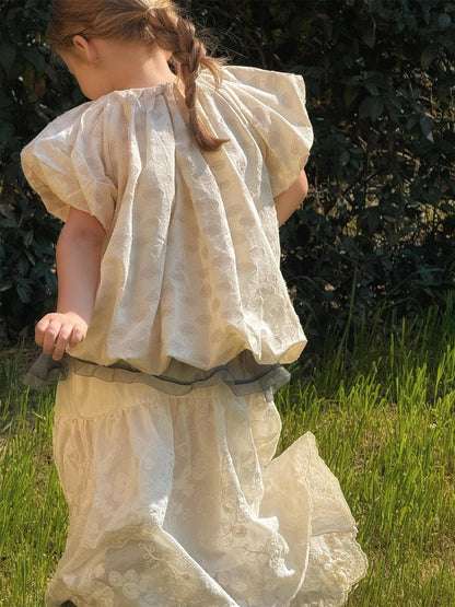 半袖シャツ・ブラウス オーバルエンボス半袖パフスリーブバルーンスモックブラウス【mh0010270】